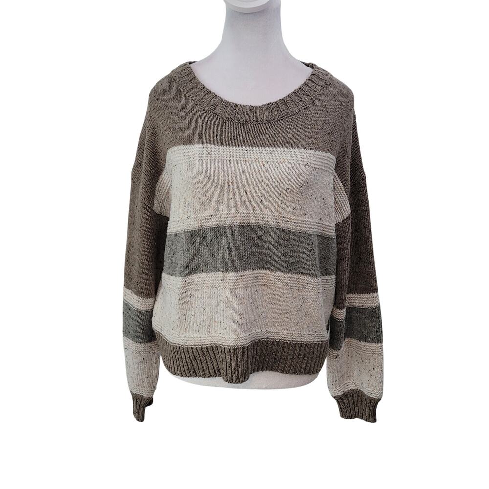 Lulus Size S Snuggle Season Grey Multi Stripe‎ Balloon Sleeve Crewneck Sweater